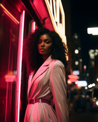 Beautiful Fashion Black Model with long hair and a shiny light pink overcoat into a night city street with many lights as a blurry background