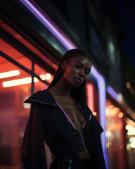 Beautiful Fashion Black Model with a black overcoat into a night city street with many neons as a blurry background