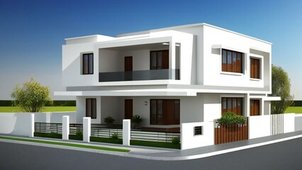Modern two-story house with white facade and flat roof design, featuring large windows and a small front yard.