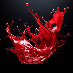 big Splash of shiny red and translucent paint with many tiny drops on a dark gradient background