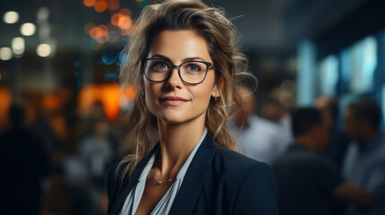 Close Portrait of a smiling caucasian Business Woman with glasses and long curved hair and blue jacket and shirt with a blurry office in background