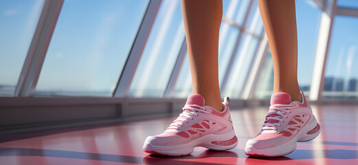 Close up on pink sport shoes without brand wear by a young Woman in the morning light with a blurry background