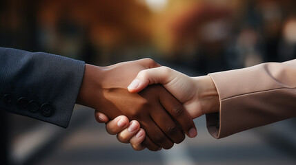 Close-up of a Handshake between a young black hand with grey sleeve and a young white hand with salmon sleeve on a blurry background