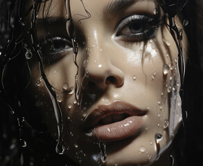 Close-up of Beautiful Woman pale face with slightly open mouth dark eyes and wet skin with many transparent water tickles and drops over the face