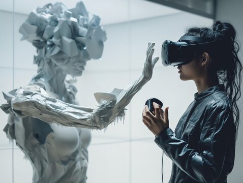 Person touching a digital art figure through VR headset in a futuristic setting.
