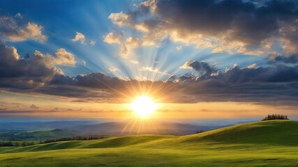 Breathtaking sunset over rolling green hills, radiant sunbeams piercing clouds. Ideal for nature-themed content, wall art, digital backgrounds - obrazy, fototapety, plakaty