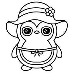 cute Penguin summer beach ocean outline cartoon doodle coloring illustration	
