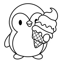 cute Penguin summer beach with ice cream outline cartoon doodle coloring illustration	
