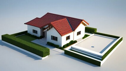 3D rendering of a modern house with a pool and garden on a white background.