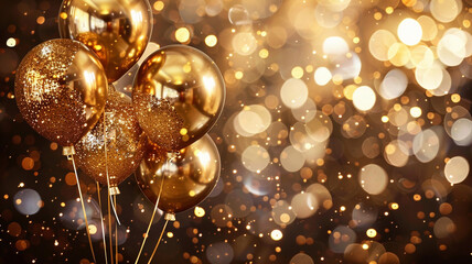 Glittering gold balloons shimmering against a holiday-themed background, adding a touch of luxury and elegance.