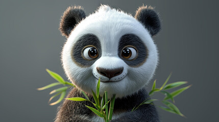 Cartoon panda with bamboo, grey background