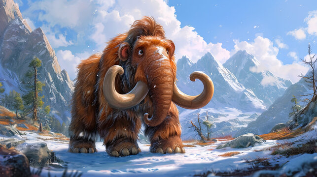 Cartoon mammoth against the background of snowy mountains, extinct animals 