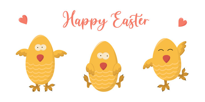 Vector banner with Easter chickens. Set of yellow chickens in different poses on a white background.