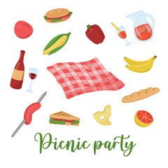 Vector illustration with a set of food and drinks for a picnic. Colored card for barbecue party. Set of things for a family day out in the forest or park.