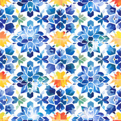 A blue and white patterned tile with a blue star and orange flower, an Islamic seamless pattern