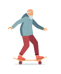 Active energetic happy gray haired elderly adult man skateboarding. Senior male finding a new hobby having fun enjoying riding skateboard outdoor. Vector illustration isolated on white background