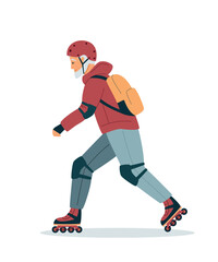 Active energetic happy cool gray haired old adult man rollerblading, smiling sporty fit middle aged mature older male professional skater having fun enjoying roller skating outdoors. Isolated vector
