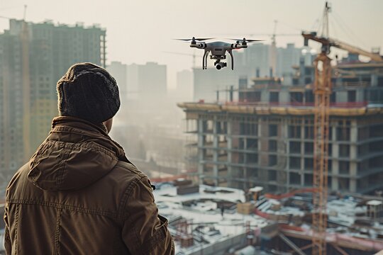 a man looking at a drone flying over a construction site