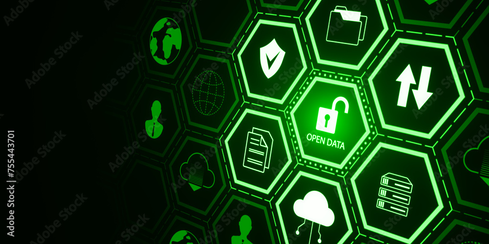 Poster Creative open data hexagonal hologram on wide dark green background. Data management and innovation concept. 3D Rendering.