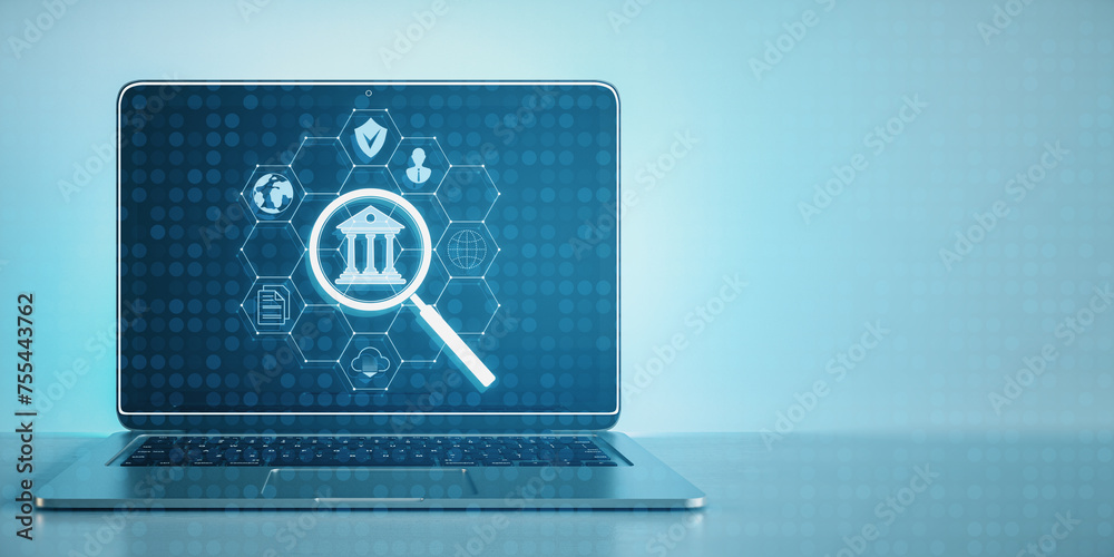 Aufkleber close up of laptop with creative glowing hexagonal online banking hologram on screen. wide blue back