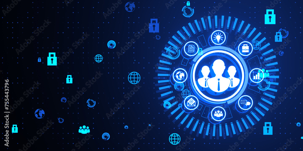 Poster creative business hologram with people icons on blue background with various icons. hr, human resour