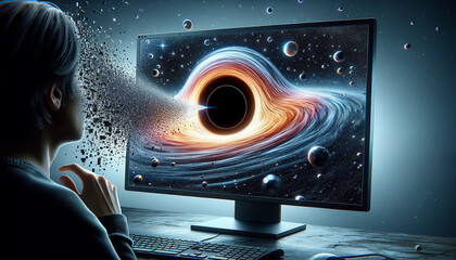 On a computer screen with a black hole spinning, small digital fragments of a human face begin to disintegrate and are sucked into the black hole. The influence of the Internet on humans.