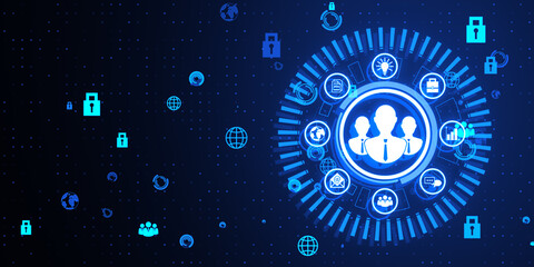 Creative business hologram with people icons on blue background with various icons. HR, human resources and online recruiting concept. 3D Rendering.