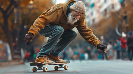Fototapeta na wymiar Very Old man skateboarding fast outside in the streets.
