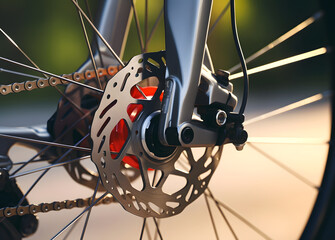 Close up of a bicycle's rear wheel with a shiny silver disc attached to it. The disc is a part of the bike's drivetrain, which helps to transfer power from the pedals to the wheels - obrazy, fototapety, plakaty