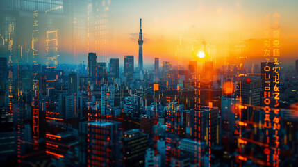 Tokyo Japan business skyline with stock exchange trading chart double exposure, Asia trading stock market digital concept - obrazy, fototapety, plakaty