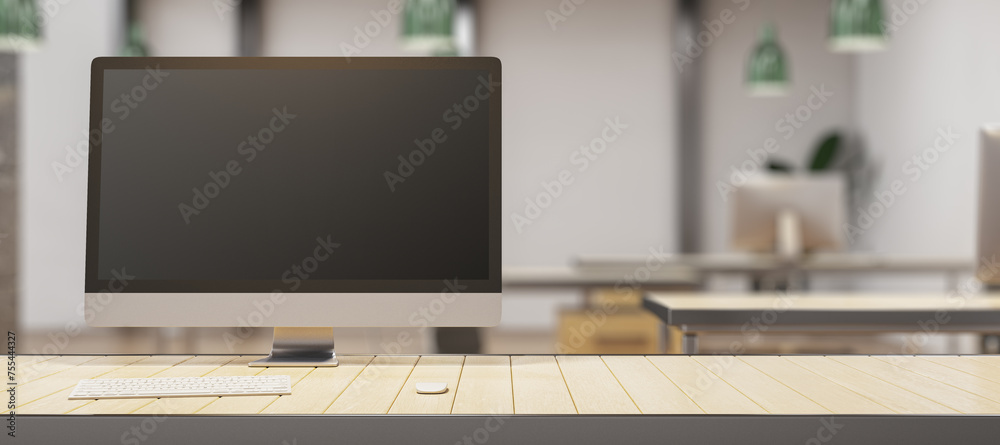 Poster creative designer desk with empty mock up computer montior, supplies and blurry office interior in t