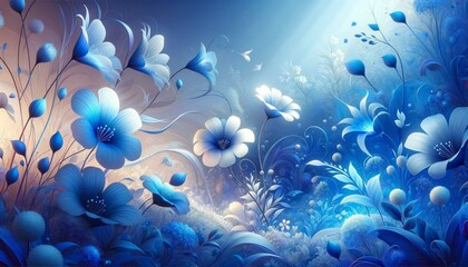 Fototapeta na wymiar Illustration featuring delicate blue flowers blooming in a whimsical garden image 1