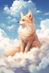fox sitting on the sky painting background.