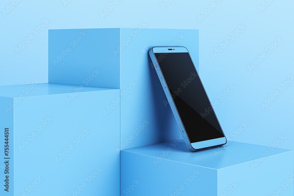 Aufkleber Empty smartphone on geometric block pedestal on blue background with mock up place. 3D Rendering.