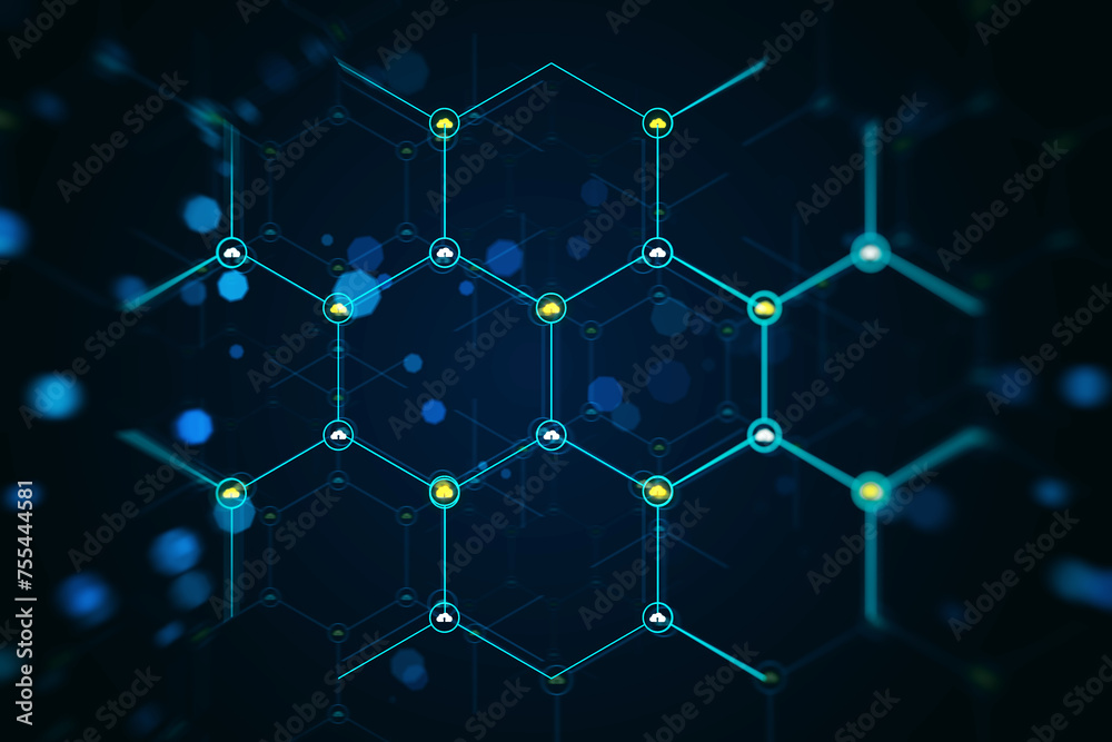 Poster An abstract digital network design with blue and dark hues, representing technology on a screen with a futuristic effect. 3D Rendering