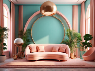 Mock-up poster frame in modern interior background design, living room, Art Deco style, 3D render, 3D illustration
