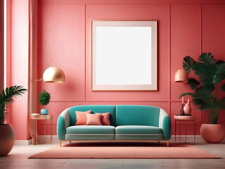 Mock-up poster frame in modern interior background design, living room, Art Deco style, 3D render, 3D illustration