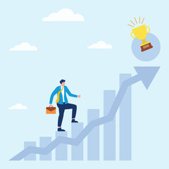 Fototapeta premium Businessman Walking Up Charts Stairs to Trophy