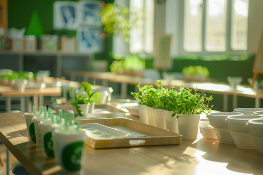  Photograph the eco-friendly tableware in a classroom or educational setting, with recycling signs and green plants, promoting environmental awareness.