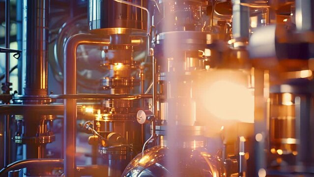 A closeup of a complex and precise machine used for distillation and purification of liquid precursors its intricate network of tubes and valves shining in the light.