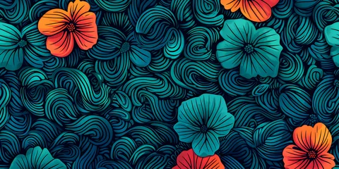 Fotobehang A green and red floral swirl patterned backdrop. The pattern is very intricate and has a lot of detail © MAJGraphics
