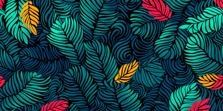 Seamless tropical pattern with colorful leaves on a dark background, ideal for fabric or wallpaper