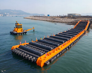 A large orange PE Plastic Floating Dredging Pontoon boat is being towed by a small boat - obrazy, fototapety, plakaty