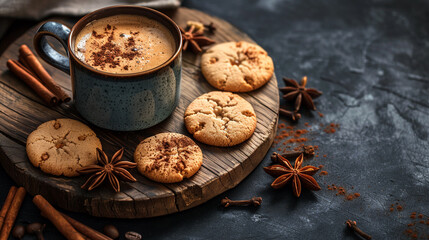 Fototapeta na wymiar Cup of coffee with cookies and spices on dark background