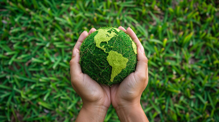 Hands holding a globe of grass and earth on a green background