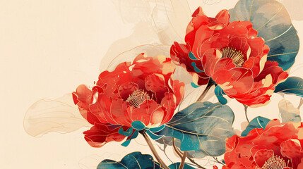 Illustration of red flowers with gold and blue accents on a cream background