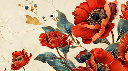 Illustration of red flowers with gold and blue accents on a cream background