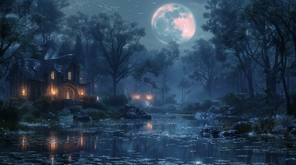 Enchanted forest with witches brewing potions under a full moon
