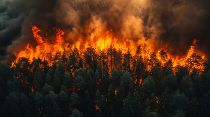 Fototapeta na wymiar Flame over a burning forest, aerial view of a huge forest fire