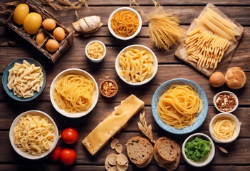 Senza Glutine e Gustoso- Selezione di Pasta, Pane e Snack su Sfondo di Legno, Vista dall'Alto